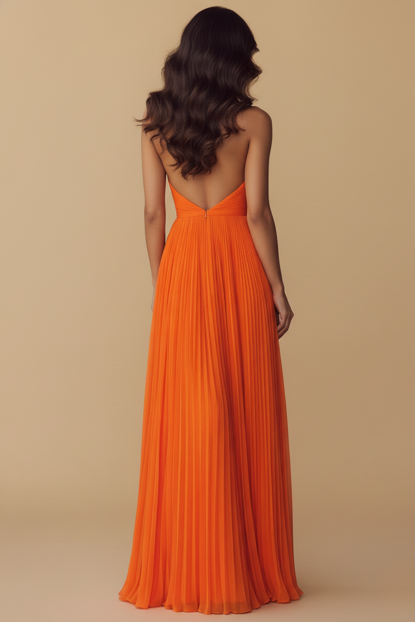 Flowy formal women's maxi dress with pleated details, a stylish halter neck, and a deep V-neck for special occasions.
