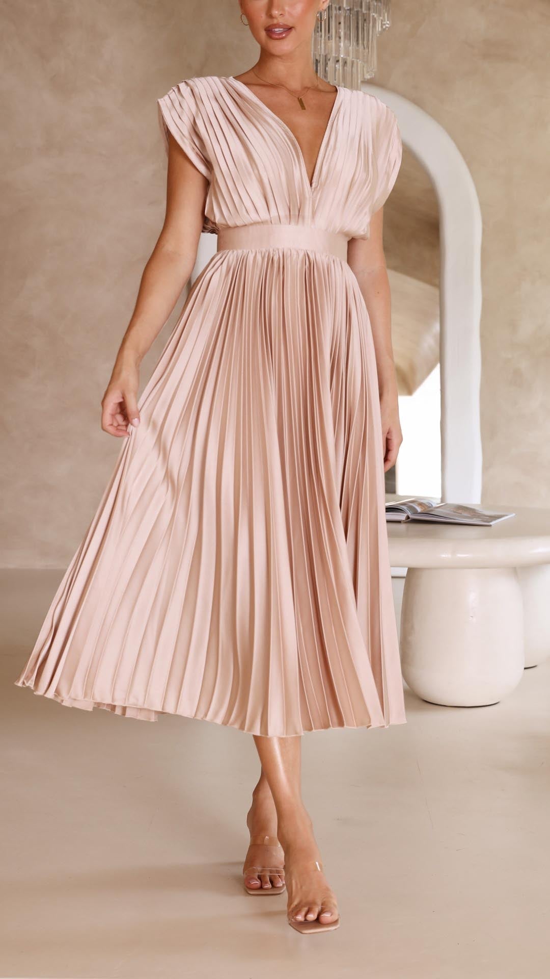 Dusty rose elegant pleated midi dress, V-neck style for wedding guests & parties.