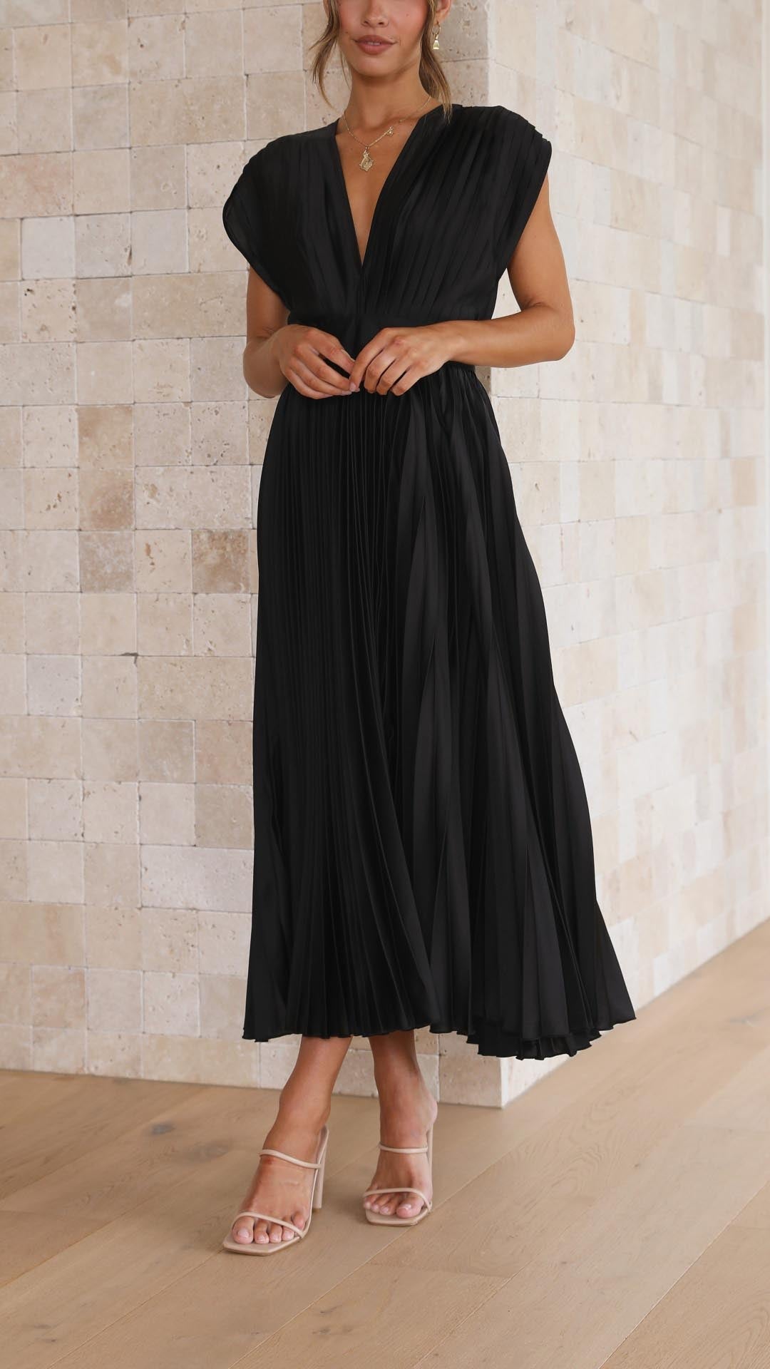 Dusty rose V-neck pleated midi evening dress, chic & comfortable for special occasions.