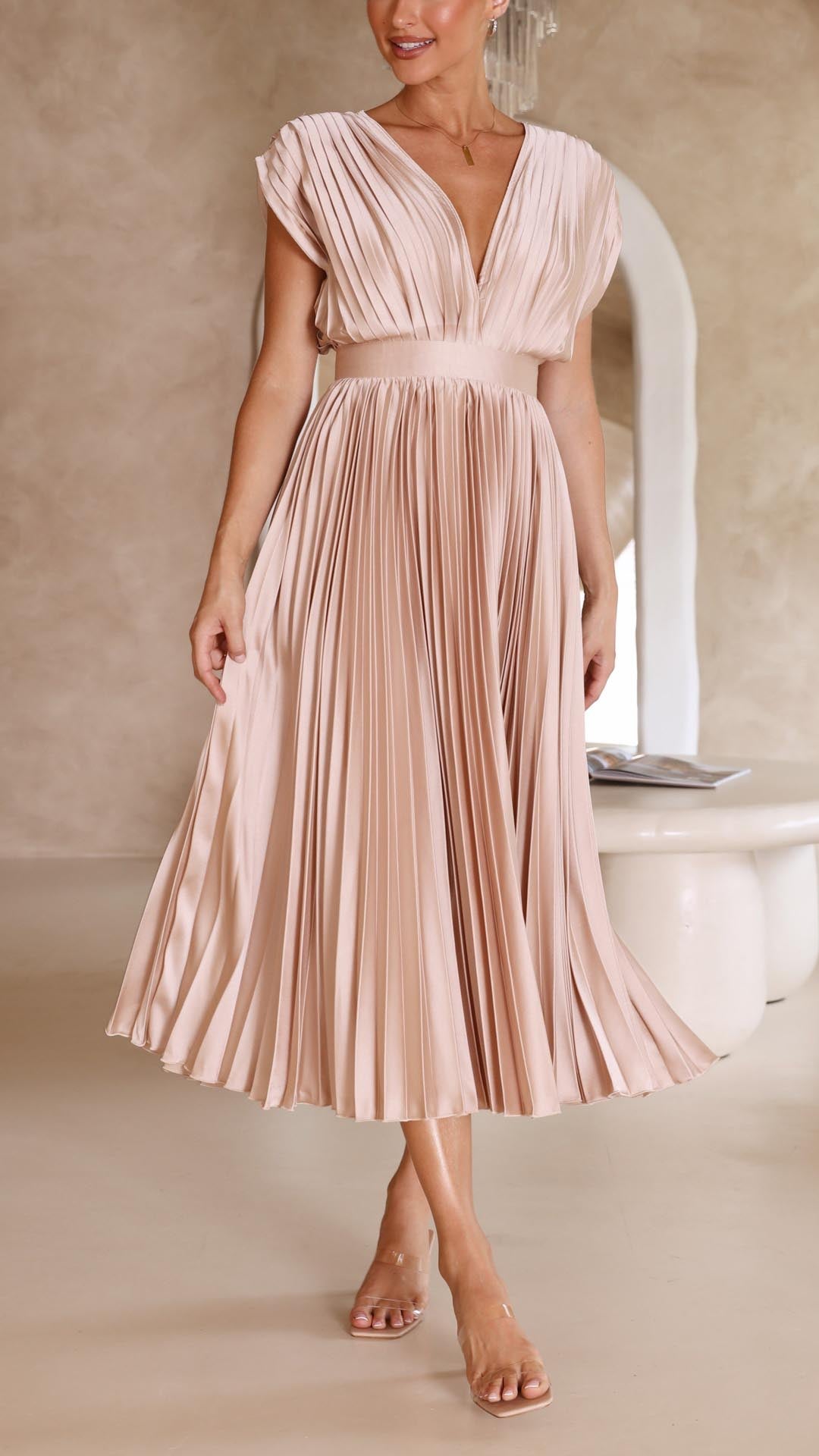 Champagne V-neck pleated midi dress, ideal for women wedding guests & special occasions.
