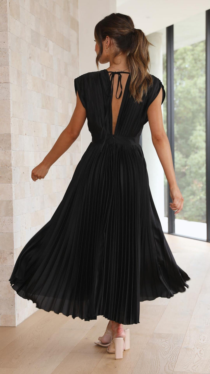 Versatile champagne pleated V-neck midi dress, excellent for special occasions.