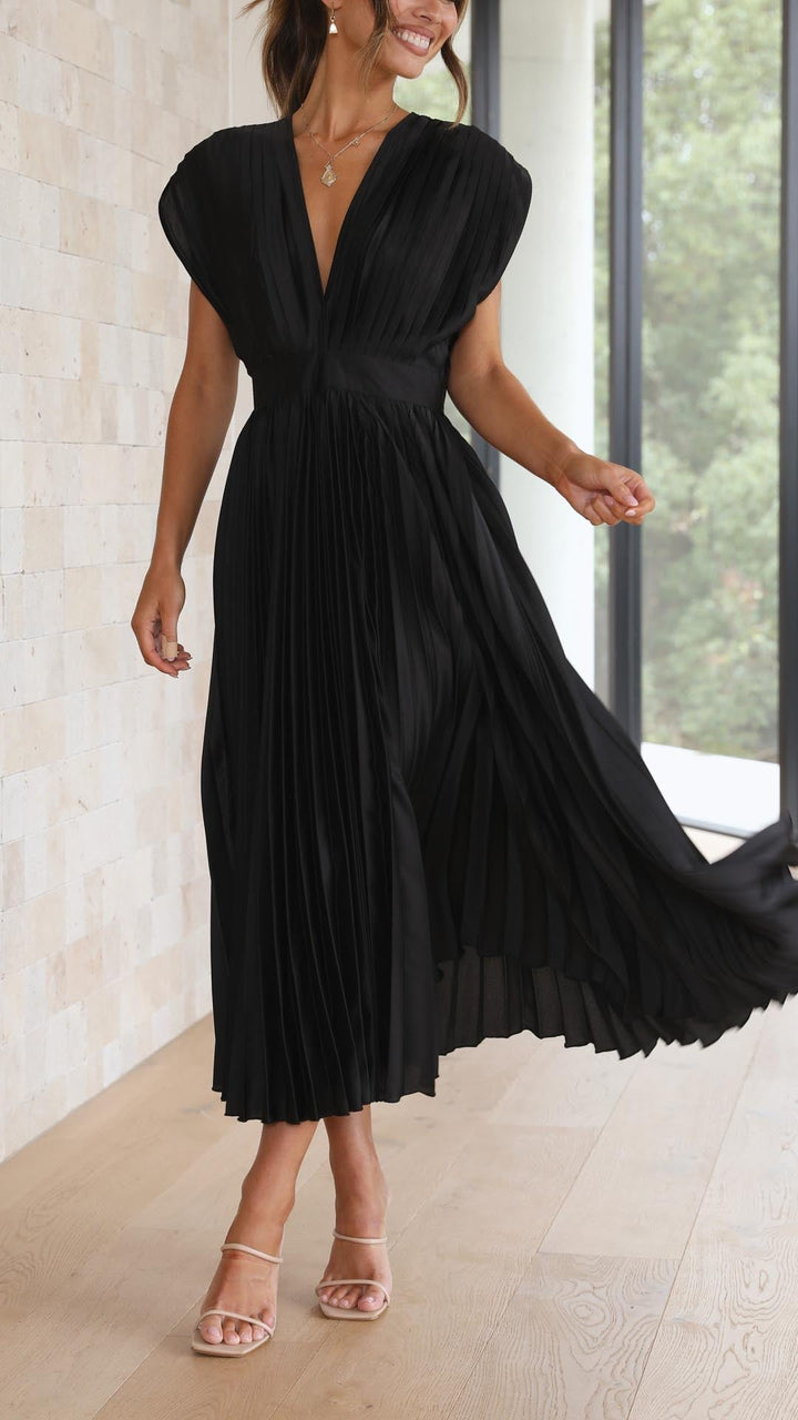 Black elegant V-neck pleated midi dress, a sophisticated choice for formal events.