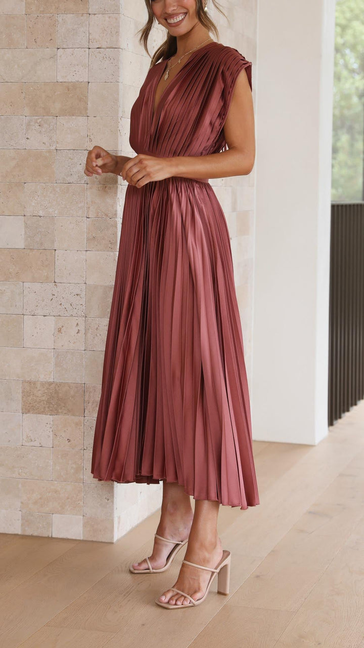 Sophisticated V-neck pleated midi dress, perfect for special occasion or evening party.