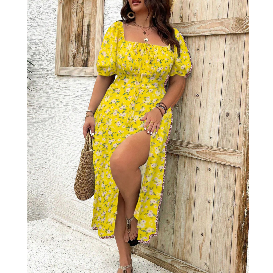 Elegant women's plus size puff sleeve maxi dress, suitable for formal, evening, or casual spring wear.