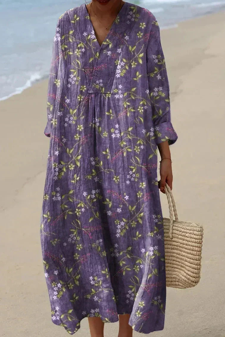 Elegant purple floral V-neck maxi dress for women, long sleeve, perfect for summer spring occasion wear, boho chic.