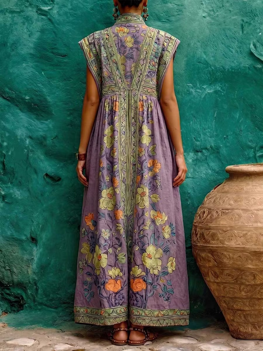 Boho chic women's purple maxi dress with a vibrant floral print, V-neck, and flowing silhouette. Ideal summer fashion.