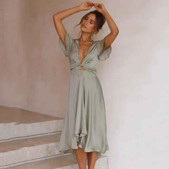 Flowy olive deep V-neck midi dress with tie front & flutter sleeves, a chic women's summer or evening dress.