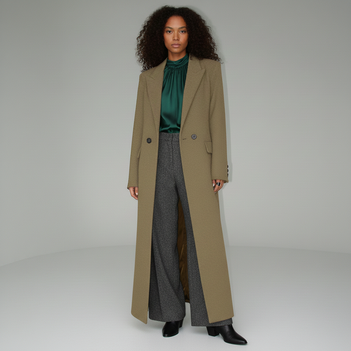 Stylish ruby women's long tailored coat with single button, fitted for an elegant, streamlined autumn look.