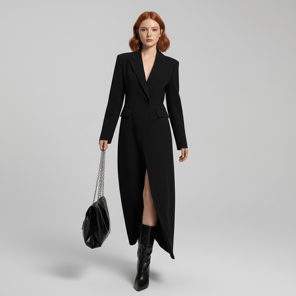 Streamlined ruby tailored long coat for women, single button, elegant & structured city style outerwear.