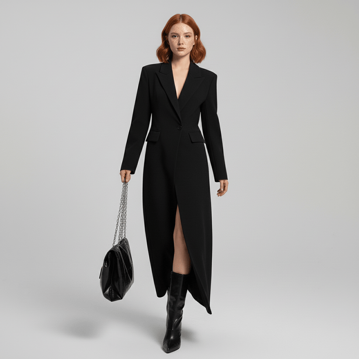 Streamlined ruby tailored long coat for women, single button, elegant & structured city style outerwear.