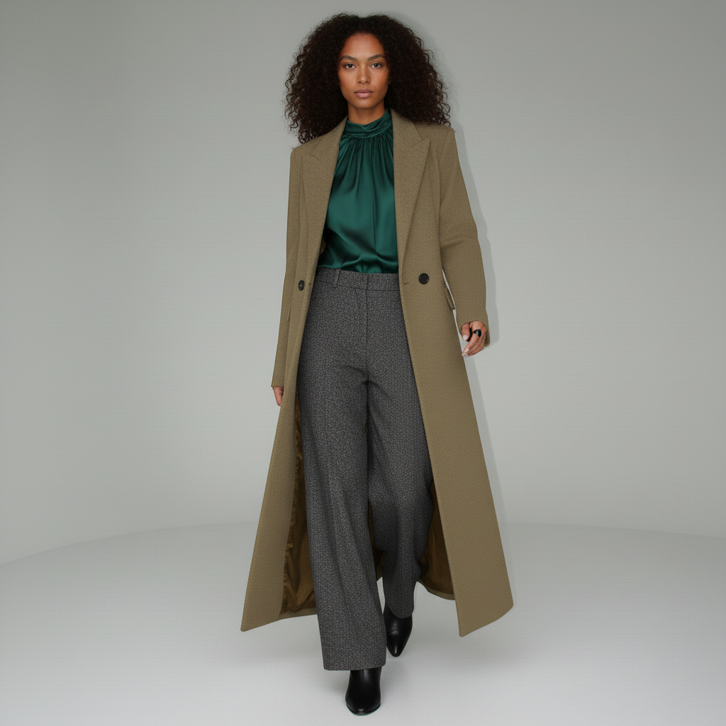 Women's elegant ruby long tailored coat, structured fit, single button closure, ideal for smart city wear.