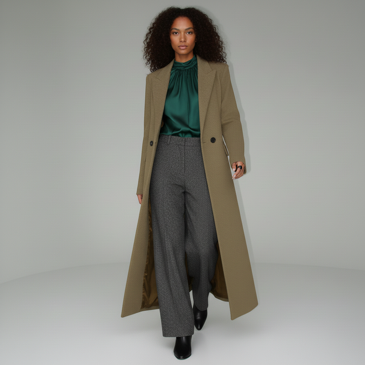 Women's elegant ruby long tailored coat, structured fit, single button closure, ideal for smart city wear.