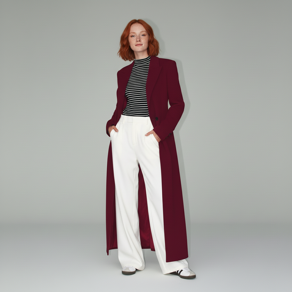 Versatile women's ruby long tailored coat, elegantly fitted, structured outerwear for city and office wear.