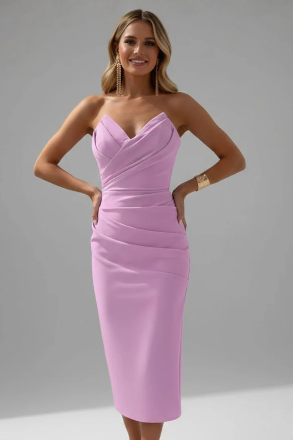 Women's party & formal midi dress, elegant ruched sweetheart design for special occasions.