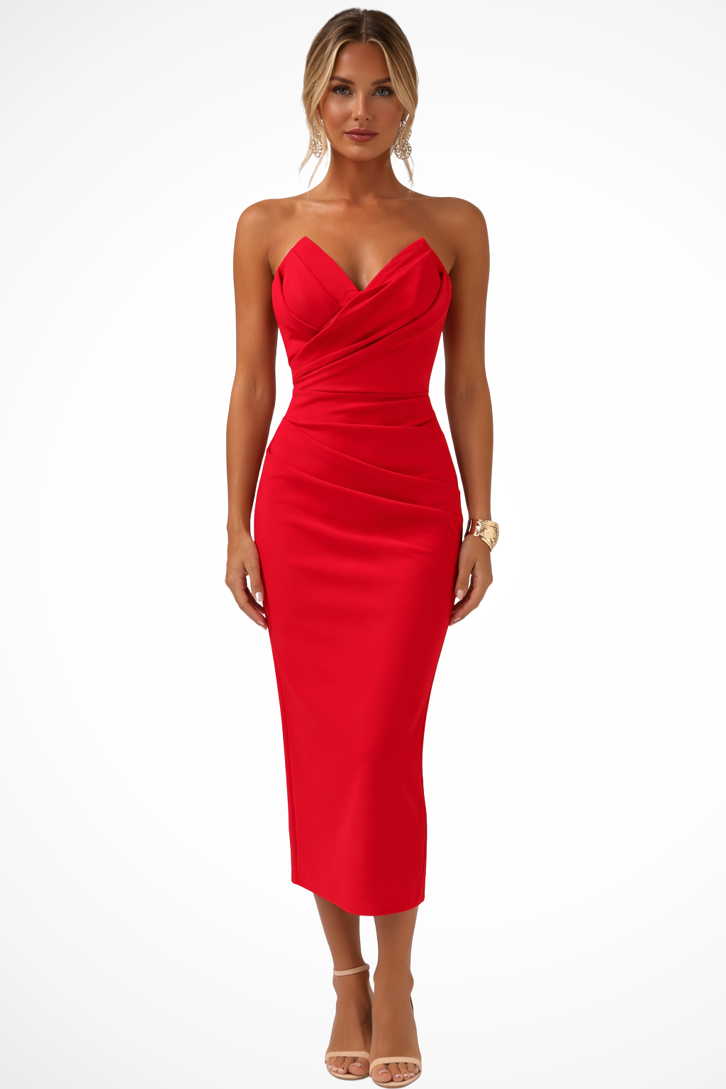 Formal women's midi dress, elegant ruched sweetheart style, perfect for any party.