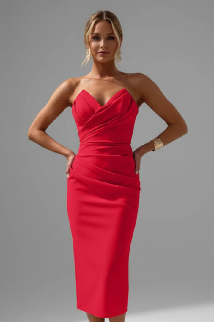 Detailed view of women's elegant ruched sweetheart bodycon midi dress, perfect for occasions.