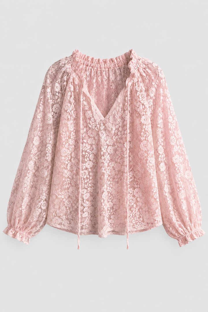 Elegant sheer lace tie-neck blouse for women, perfect for semi-formal or casual wear.