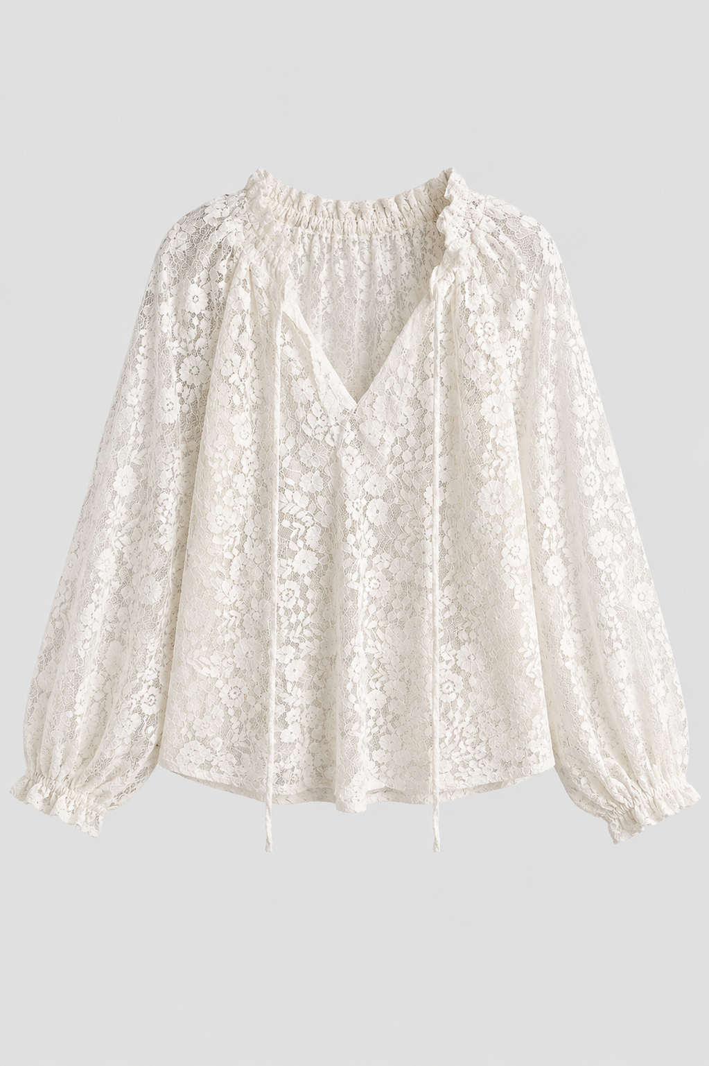 Pink elegant sheer lace tie-neck blouse for women, loose fit, ideal for fashion and comfort.