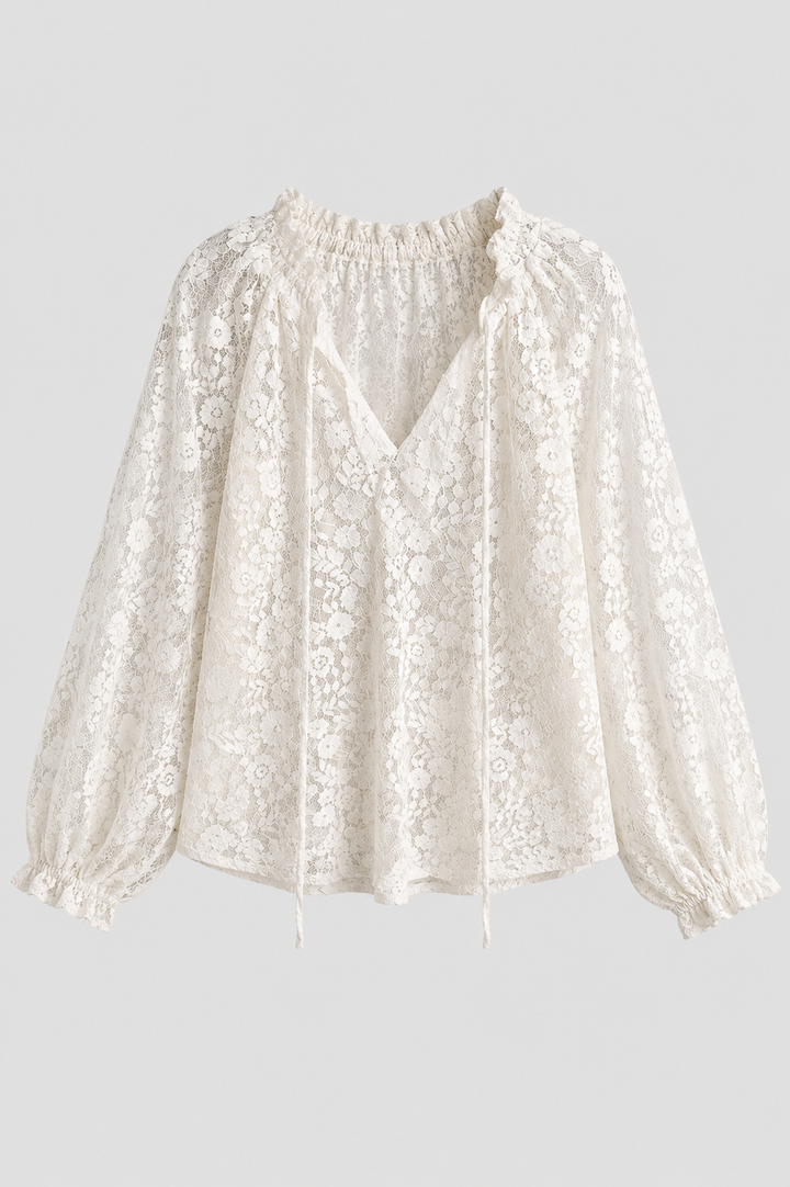 Pink elegant sheer lace tie-neck blouse for women, loose fit, ideal for fashion and comfort.