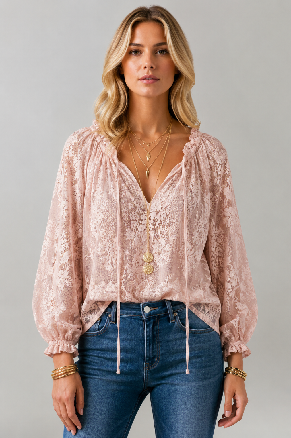 White sheer lace long-sleeve blouse with tie-neck, a fashionable and elegant women's top.