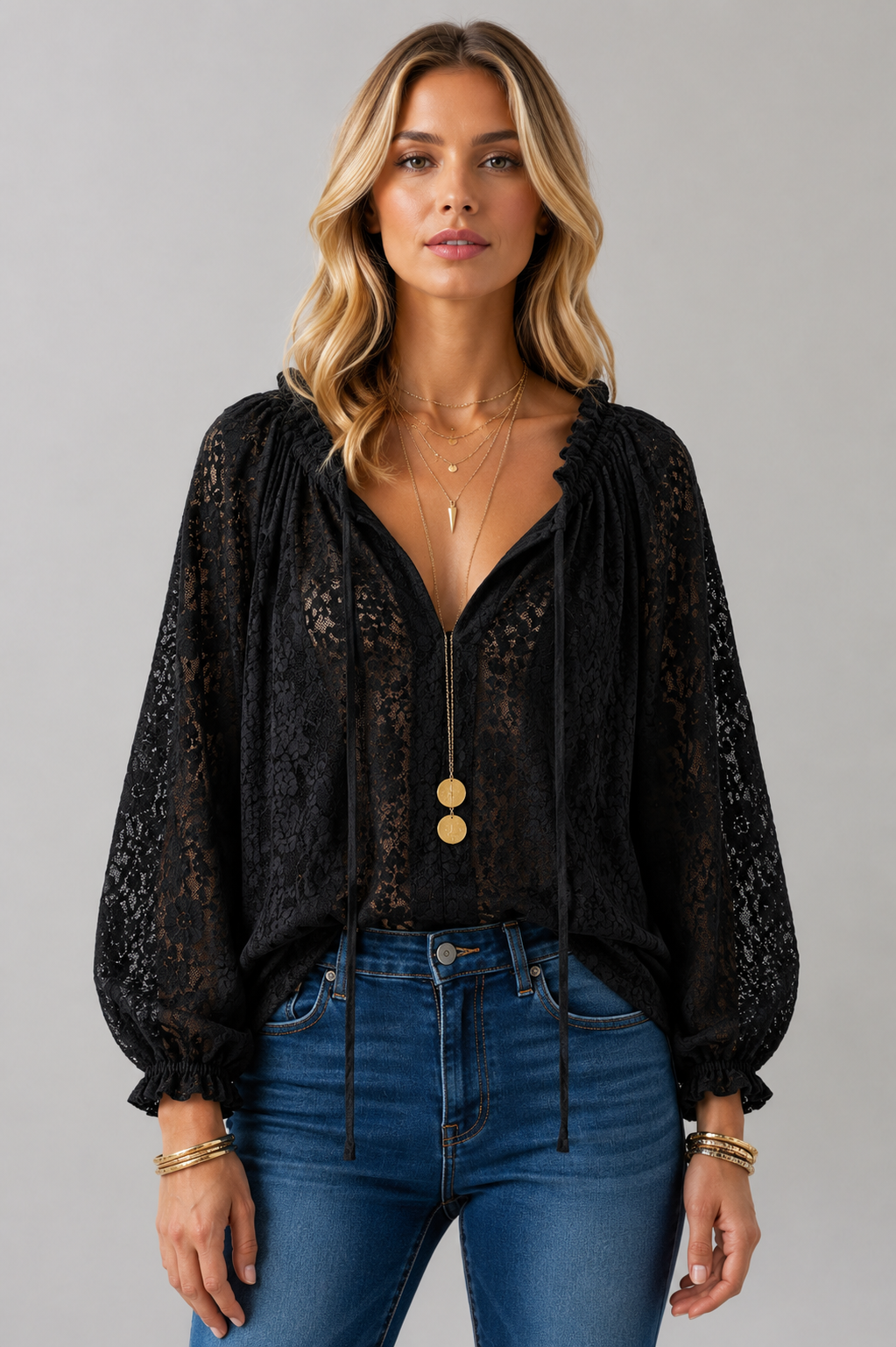 Beige loose-fit sheer lace tie-neck blouse for women, a stylish and elegant long-sleeve fashion top.