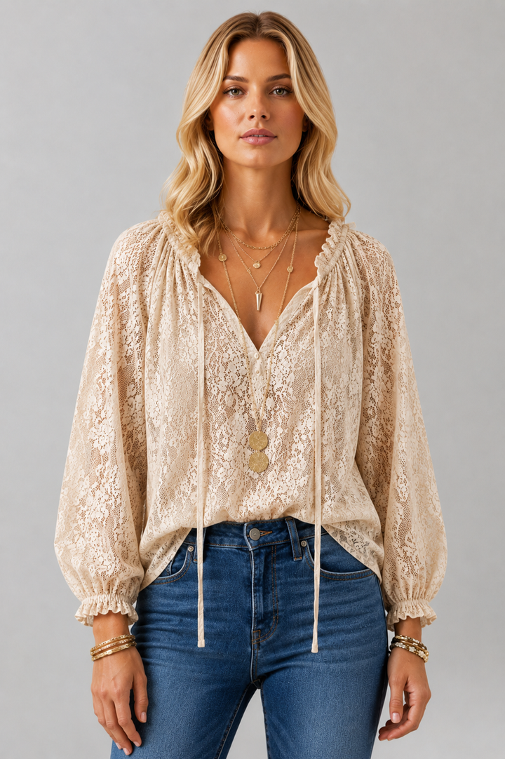 Women's elegant sheer lace blouse with a stylish tie-neck, long sleeves for versatile wear.