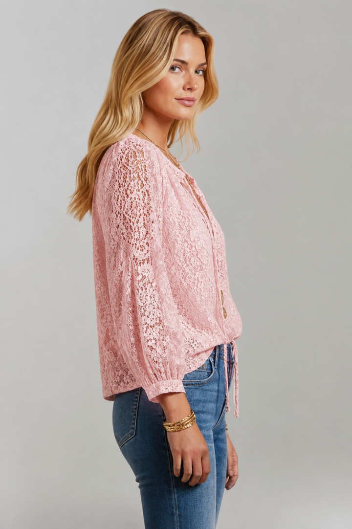 Fashionable women's sheer lace tie-neck blouse, an elegant top for casual or semi-formal wear.