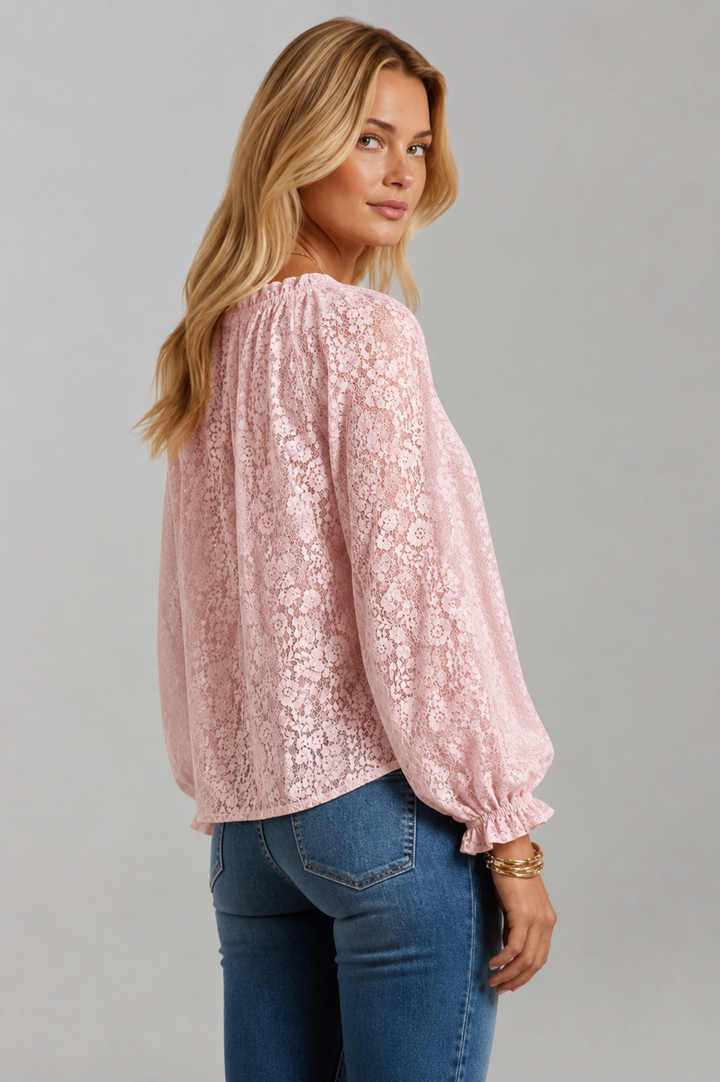 Elegant sheer lace blouse for women, featuring a chic tie-neck and long sleeves, great for any fashion look.