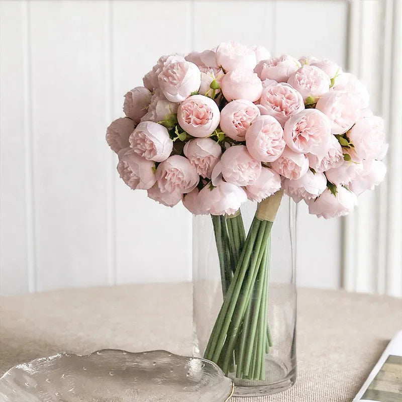 Elegant silk peony bouquet in rose pink & champagne, perfect for wedding decor & home floral arrangements.