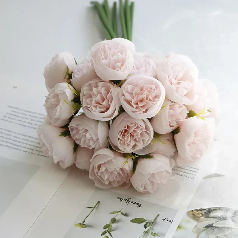 Elegant silk flower decor: a beautiful peony bouquet with rose pink & champagne hues for any setting.