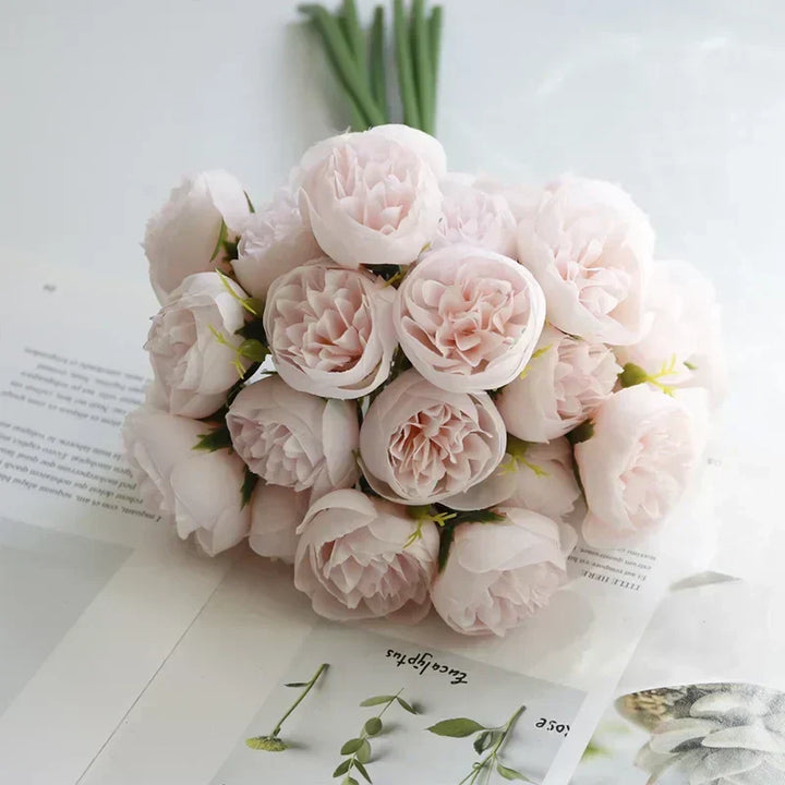 Elegant silk flower decor: a beautiful peony bouquet with rose pink & champagne hues for any setting.