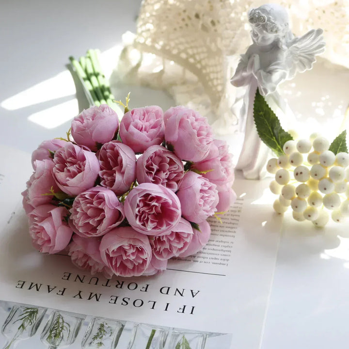 Close-up of a luxurious artificial peony bouquet, ideal for wedding centerpieces or elegant home decor.
