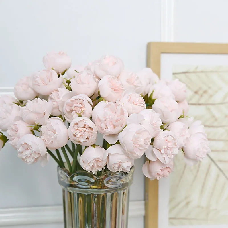 Realistic champagne & rose pink silk peonies, creating an elegant artificial floral display for decor.