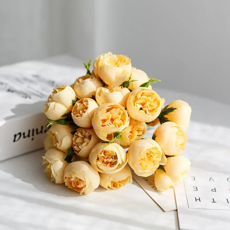 Hand-tied artificial peony bouquet with soft rose pink & champagne silk flowers for event staging.