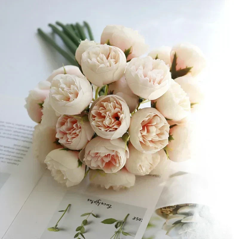 Decorative silk peony bouquet, a low-maintenance faux floral option for elegant home and wedding accents.