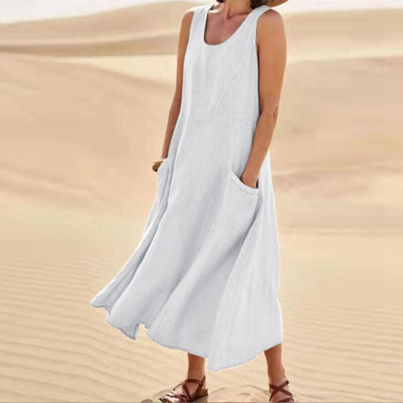 Fashionable women's apparel: an elegant sleeveless midi dress, loose fit, comfortable, and with pockets.