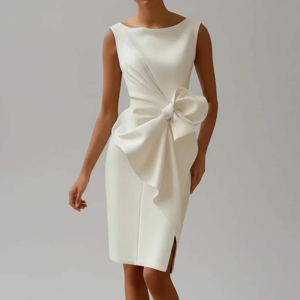 Formal black bow midi dress for women, ideal as an evening or party dress, elegant and chic design.