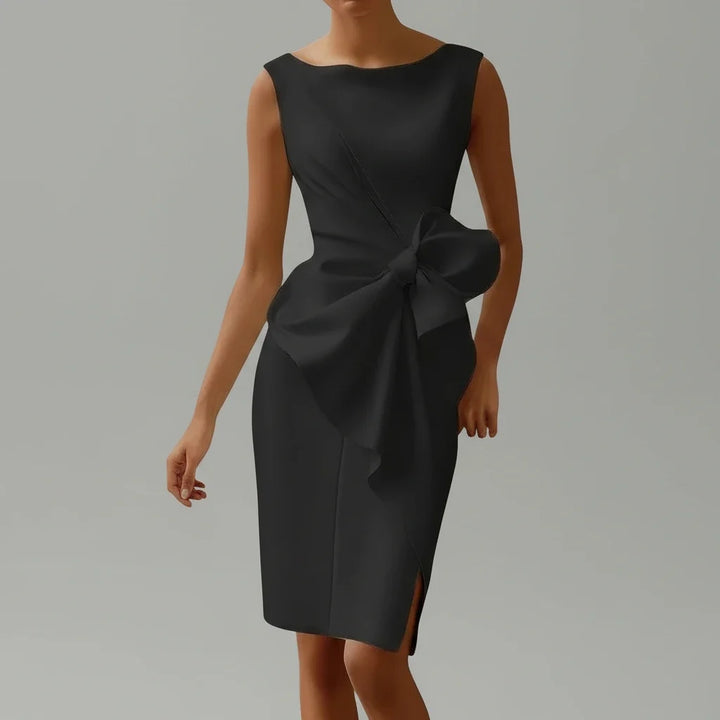 Red elegant bow midi dress for women, perfect sleeveless party or formal evening wear for special occasions.