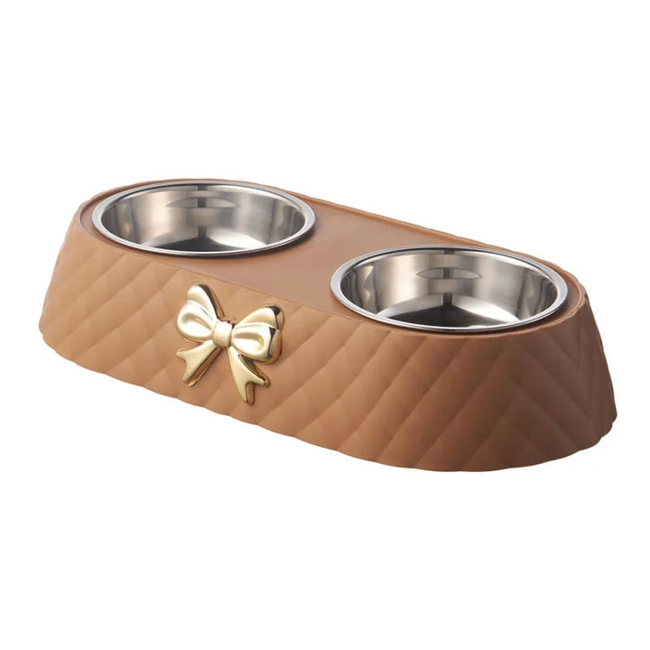 Elegant stainless steel pet bowls for cats and dogs, non-slip base, durable food/water feeder set.