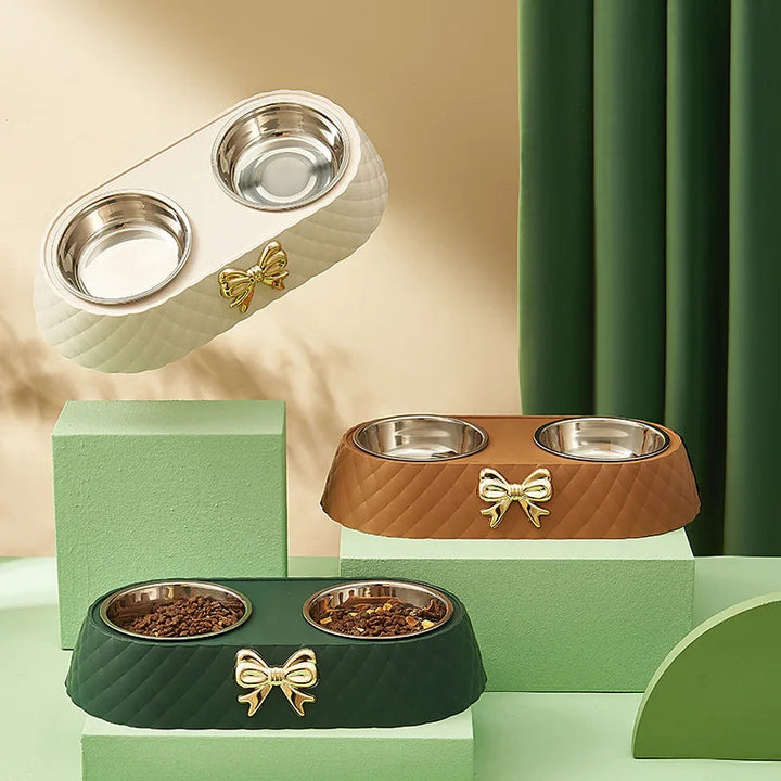 Close-up of a brushed stainless steel pet bowl, showing its elegant finish and sturdy design for pets.