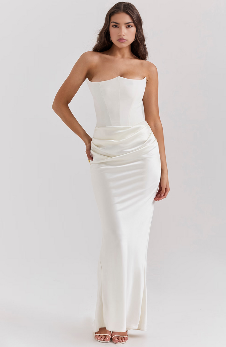 Women's elegant strapless prom dress, offering timeless style & grace.