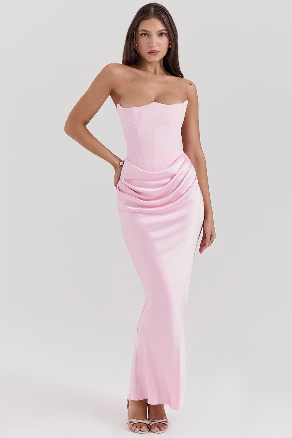 Chic elegant strapless dress, ideal for homecoming, prom, or evening events.