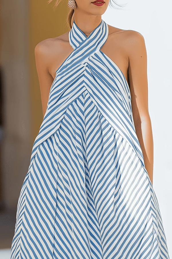 Chic striped halter maxi dress. Elegant women's vacation outfit, summer party dress with an alluring open back.