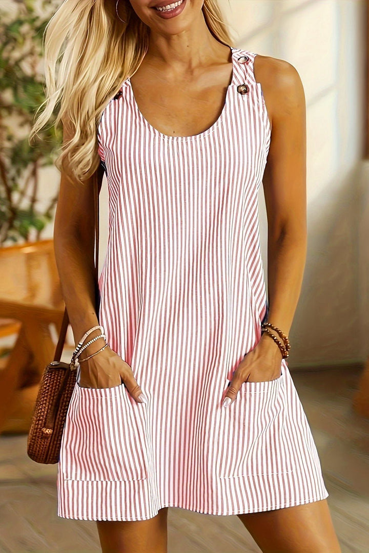 Chic women's striped mini dress, ideal for spring fashion or a comfortable summer day out, flattering and stylish.