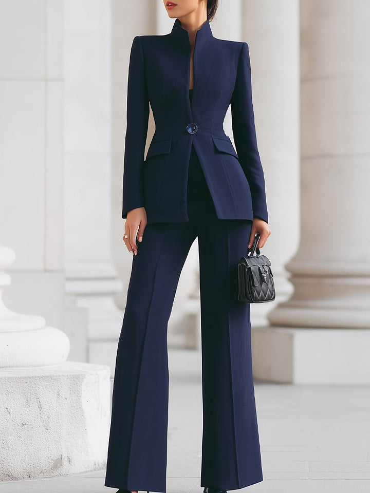 Elegant tailored women's suit set, featuring a sophisticated blazer and matching trousers, perfect for formal occasions.
