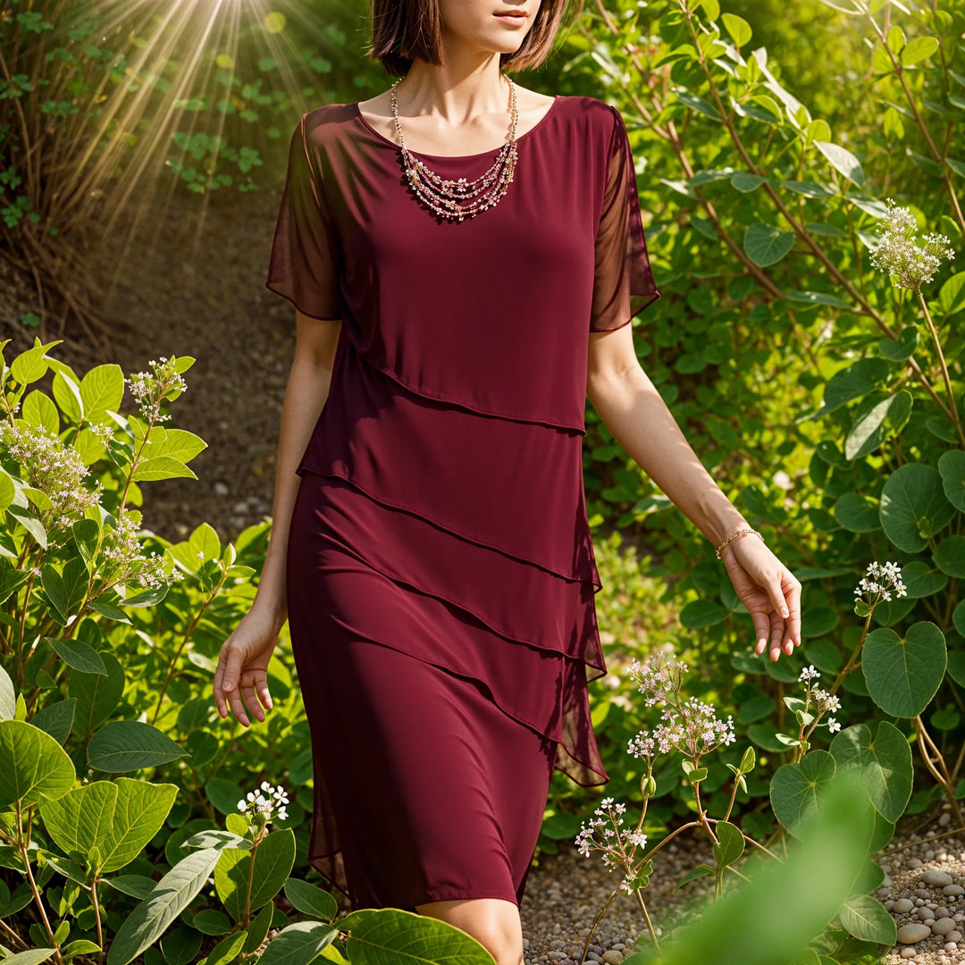 Khaki tiered midi dress for women, elegant and versatile. Casual chic style for spring/summer fashion.