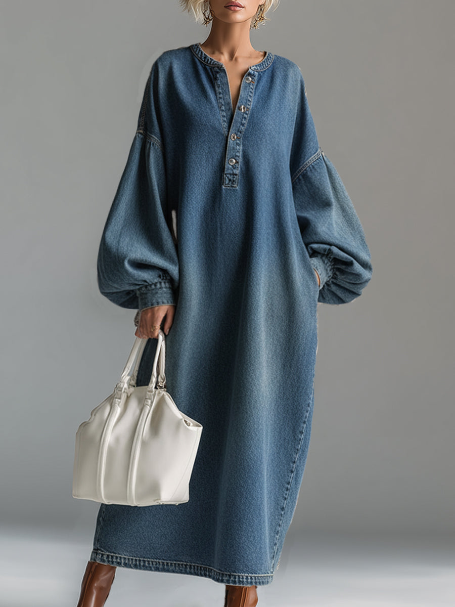 Elegant urban blue button-down maxi dress for women, relaxed fit, versatile day-to-night fashion.