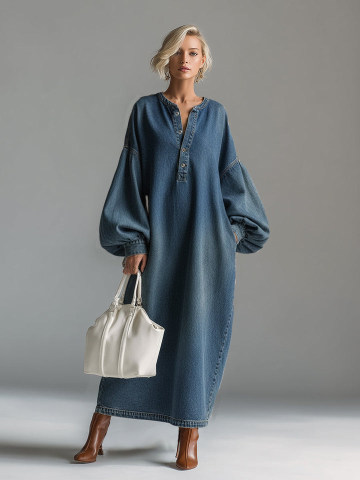 Women's casual elegant blue maxi dress with button-down front, perfect for urban day to night wear.