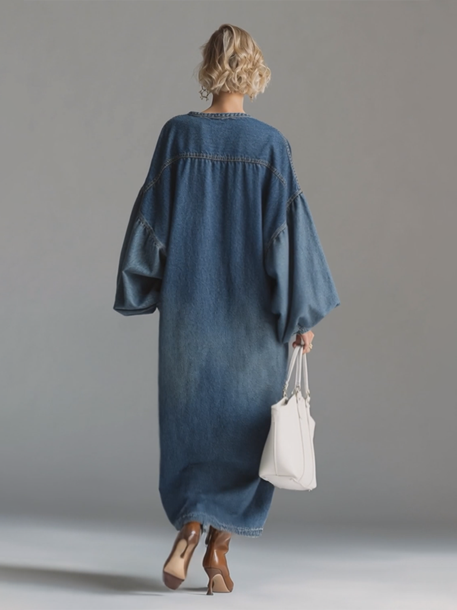 Relaxed fit blue button-down maxi dress for women, offering versatile urban style and all-day comfort.