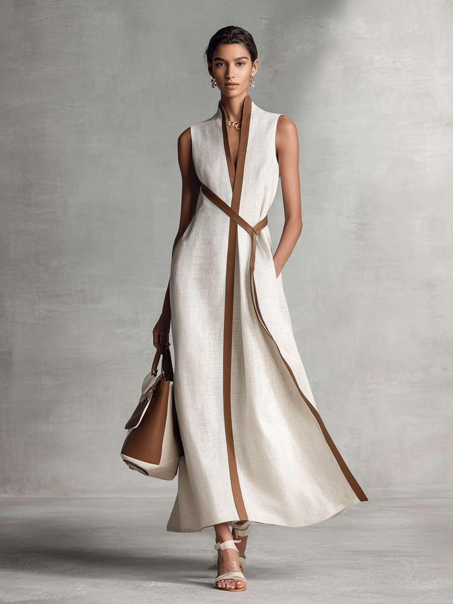 Women's chic V-neck A-line maxi dress with contrast trim. Ideal for wedding guests or summer parties.